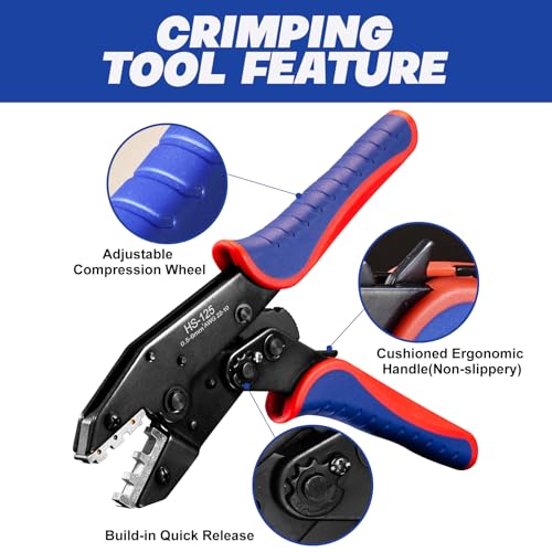 Crimping Tool Set, Ratchet Wire Crimper Tool For Heat Shrink, Insulated Nylon,Non-Insulated,Ferrule Wire End, Open Barrel Terminals, Solar Connectors - Crimper with 6 Interchangeable Die