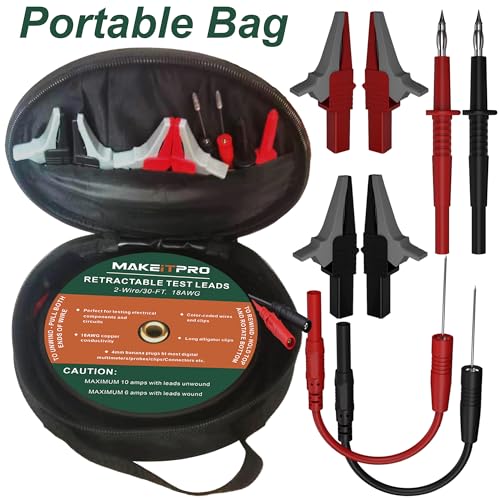2 Wires 30FT 18AWG Retractable Test Leads with Cable Bag