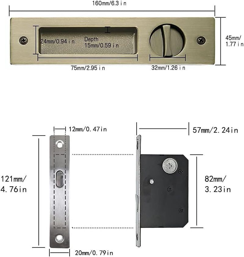 Hoconnie 6.3” Privacy Pocket Door Lock Hardware, Sliding Door Lock, Bathroom Mortise Lock, Invisible Furniture Hardware for 1-7/16” ~ 1-15/16” Thickness Door Bronze 6.3''-Keyless
