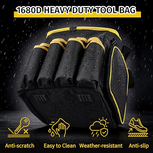 Heavy Duty Tool Bag with Multiple Pockets, 1680D Tear-Proof Tool Tote Organizer with Adjustable Shoulder Strap, Portable Toolbox for Men, Electrician, Father's Day Birthday Gift