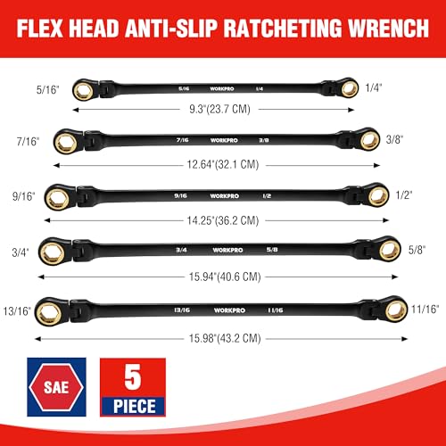 WORKPRO Extra Long Flex-Head Ratcheting Wrench Set, 5-piece Anti-Slip Double Box Wrench Set, SAE 1/4-13/16", 72-Teeth, Cr-V Steel and Black Electrophoretic Coating Wrenches with Rolling Pouch