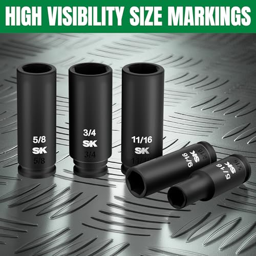 SK 3/8” Drive Impact Socket Set, Deep SAE Sockets, 8-Piece 5/16” to 3/4”