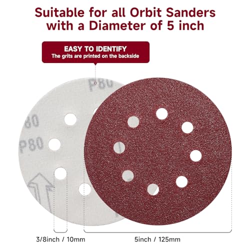 165 PCS 5 Inch Sanding Discs Random Orbital Sander Sandpaper MIX Grit-165pcs Aluminum oxide