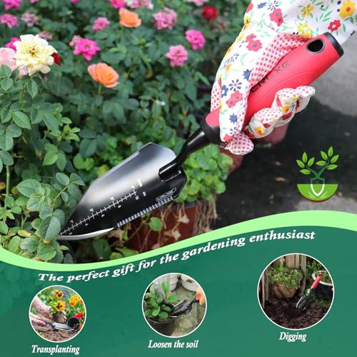 2 Pack Garden Hand Shovel Set, Stainless Steel Transplanting Trowel & Serrated Root Cutter Shovel for Digging Weeding Planting
