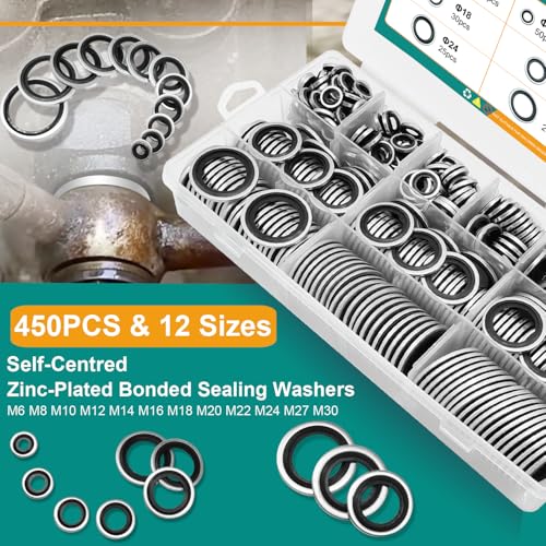 450PCS Bonded Sealing Washers Automotive Metric Self-Centred Crush Washers 450pcs Sealing Washers