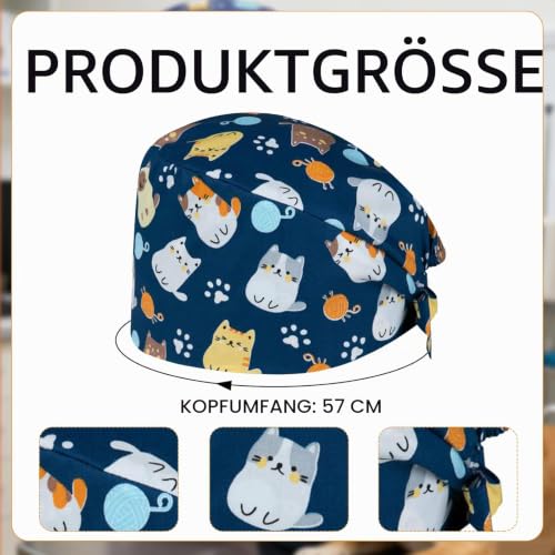 Women's Surgical Cap - Work Hat with Cat Motif, Fabric Surgical Cap with Tie, Surgical Caps for Clinic Practice Care PatternA