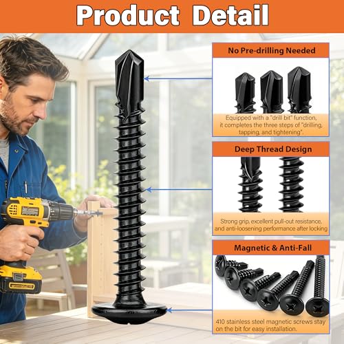 1280pcs #8#10 Self Tapping Screws for Metal, 410 Stainless Steel Truss Head Self Drilling Screws, 11 Sizes 1/2" - 1-1/2" Sheet Metal Screws Assortment Kit with Washers Black