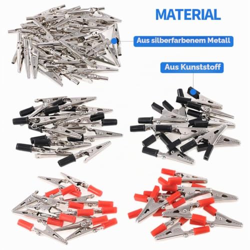 Glarks 100 Pcs Metal Alligator Clips Alligator Clips Assortment for Laboratory Testing 50pcs with Red Black Plastic Hands and 50pcs Capless 3 Styles 53mm
