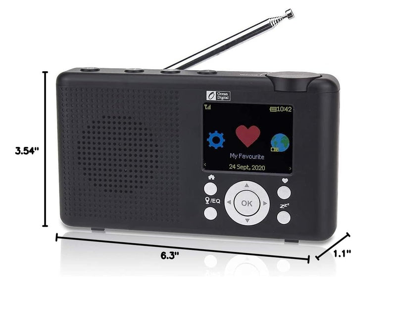 Ocean Digital WR-23F Portable FM Internet Radio 2.4” Color LCD Built-in Battery Wi-Fi Bluetooth (Black)