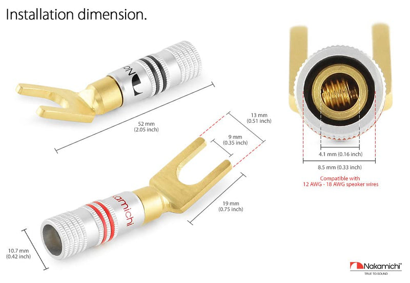 Nakamichi Excel Series 24k Gold Plated Spade Y Banana Plug 12-18 AWG Gauge Size 4mm for Speakers Amplifier Hi-Fi AV Stereo Home Theatre Audio Wire Cable Screw Connector, 10 Pcs (5-Pairs) 10 Pcs (5-Pairs)