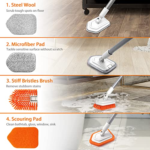 JEHONN 4-in-1 Bathroom Tile Tub Scrubber with Long Handle, Upgraded Shower Cleaning Brush, 4 Different Function Scrub Brush Attachments Head for Bath, Bathtub, Floor, Wall, Baseboard Tub & Tile Scrubber (4-in-1)
