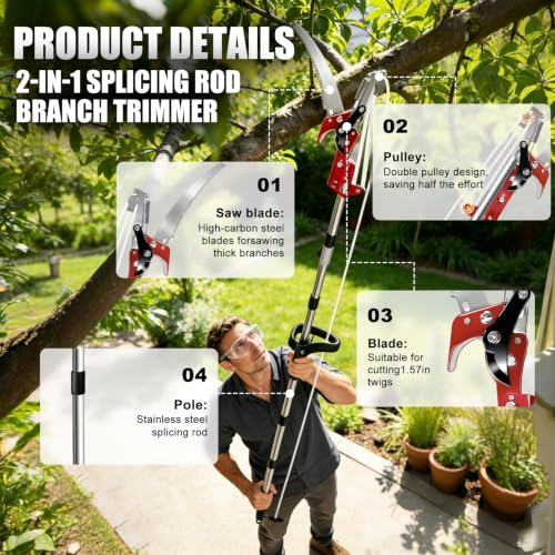 Pole Saw for Tree Trimming 2-in-1 Tree Pruner with Saw & Pruning Scissors - 11FT Extendable Tree Trimmer for High Branch Trimming, Yard, Garden & Orchard Red