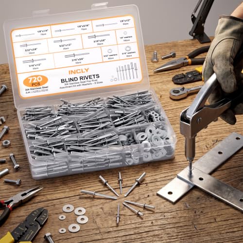 INCLY 720Pcs 304 Stainless Steel Rivets with Washer Assortment Kit Silver
