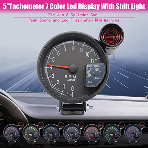 Shkalacar 5" Tachometer Gauge RPM Tach Gauge with 7 LED Multicolored Display Backlight with Shift Light Peak Sound LED Flash When RPM Warning for Universal Car