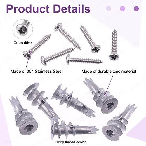 Swpeet 200Pcs Drywall Self-Drilling Anchors with Screws Kit + 120Pcs Zinc Self Drilling Drywall Anchors