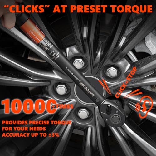 Matework 1/2 Inch Drive Click Torque Wrench, 10-180 ft.lb/13.6-244.1 Nm, ±3% High Precision Lug Nut Torque Wrench with 72 Tooth Dual-Direction for Moto, Wheel Tire and Car Repair 1/2-inch (1PC)