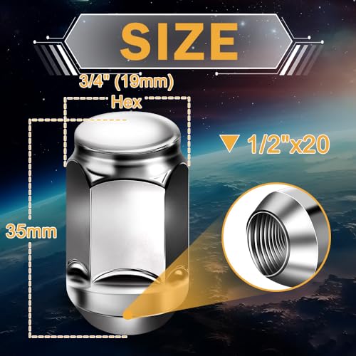 1/2-20 Lug Nuts Replacement for Wrangler 1987-2017 Liberty 2002-2012 Grand Cherokee 1993-2010 Chrome 19mm Hex 1.38" Tall 1/2"-20 Closed End Wheel Lug Nuts 20pcs 1/2"-20-20pcs