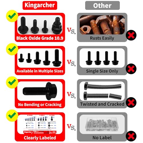 Kingarcher 320 Pcs Metric Nuts and Bolts Assortment Kit, Grade 10.9 Black Flange Hex Bolts M6x1.0 M8x1.25 M10x1.5 (12-30mm), Alloy Steel Hex Nuts Flat Spring Lock Washers, Storage Case, Automotive Flange Bolt & Nut Set G10.9 – 320 PCS
