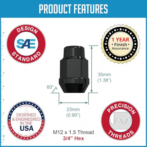 Wheel Accessories Parts 27 Pcs M12x1.5 12x1.5 Thread Bulge Acorn 35mm 1.38" Long Lug Nuts Black 3/4" 19mm Hex Fits Ford Bronco 2021+ All Models (Except Raptor)