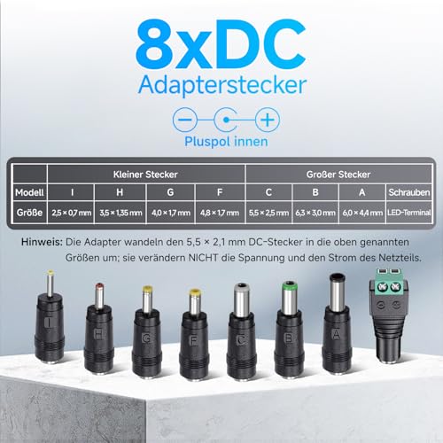 9V 1A/1000mA 1.8M Power Supply with 8 DC Plugs, AC/DC 9W Switching Power Supply for Arduino UNO MEGA/Tapo Camera/Cross Trainer/Router/Speaker, Positive Pole Inside - CE Certified 9V 1A mit 8 steckers