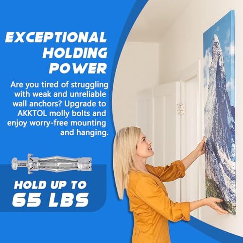 AKKTOL Molly Bolts for Drywall & Plaster Walls (0.12"-1.28"), Easy to Use with Setting Tool, 36 PCS Heavy-Duty Hollow Wall Anchors in 6 Sizes, Holds Up to 65 LBs, Includes Storage Box