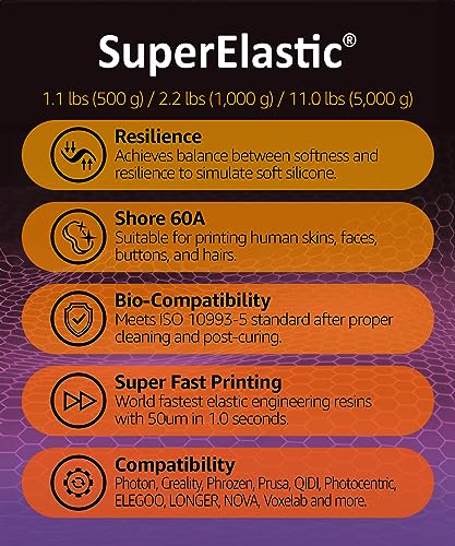 SuperElastic 3D Printer Resin, Softness 60A Simulating Soft Silicone, Made in Korea by 3DMaterials (500g, Clear) 500g