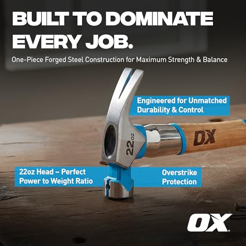 OX 22 oz Framing Hammer Milled Face with Rubber Grip Wood Handle Hammers with American Hickory - Claw Martillos De Construccion 22-oz Hammer + Steel shaft & Grip