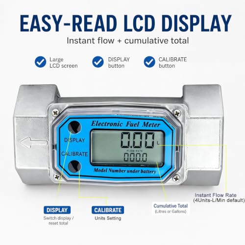 Digital Turbine Flow Meter, 15-120L/Min Liquid Flowmeter Water&Fuel Flow Guage Rust-Proof 0-99999 Electronic Fuel Meter 1-1/2In NPT, for Petrol Guns, Industrial&Medicine (1.5inch) 1.5inch