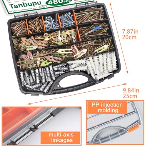 480Pcs Self Drilling Drywall Anchors 4 Sizes Zinc Plated Steel Sheetrock Anchors and 5 Sizes Screws (2025 Upgraded) no Drilling Required Easy Application 4 sizes KIT-480PCS