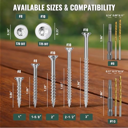 #8 x 1-5/8" Stainless Steel Wood Screws,304HC3 Exterior Deck Screws,300 PCS