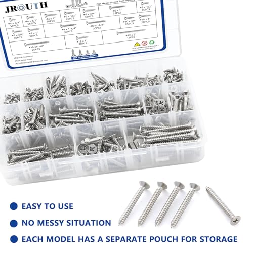 530Pcs Stainless Steel Wood Screws Set #4#6#8#10#12 Phillips Flat Head Sheet Metal Screw Self Tapping Screws Assortment Kit, Length 1/4" to 2" Flat Head - 304 Stainless Steel - 530pcs
