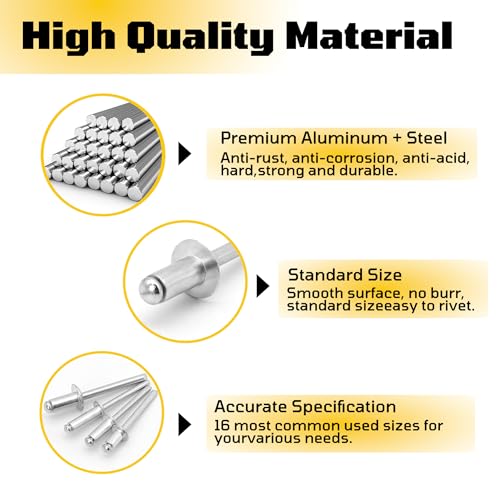 520 Pcs Aluminum Pop Rivets Assortment Kit, 16 Sizes Pop Rivets, Silver pop rivet set including 3/32" 1/8" 5/32" 3/16" 1/4" blind rivets for metal Dome Head rivet kit 520 Pcs/Set ‎Aluminum/Steel Sliver