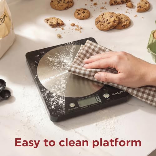 Salter 1036 BKSSDR Digital Kitchen Scale – Cooking & Baking Scales for Food Weight, Stainless Steel Weighing Platform, 5KG Capacity, Tare Function, Large LCD Easy Read Display, Measure Liquids, Black
