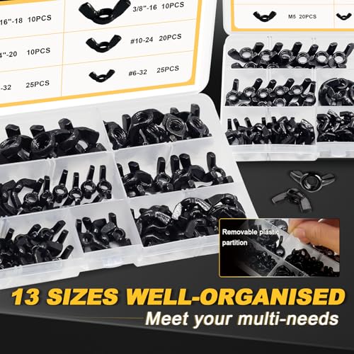 Siptenk 200PCS Black Metric SAE Wing Nuts Assortment M3-M12 6-32 to 3/8"-16 200 SAE & Metric