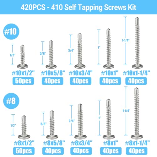 420Pcs #8/#10 Truss Head Self-Tapping Screws Kit, 410SS 420Pcs #8 #10 Truss Head