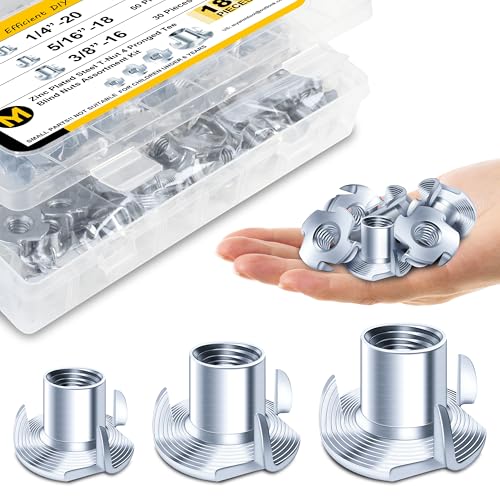 Mywish 180Pcs 1/4-20 5/16-18 3/8-16 T-nut Assortment Kit & 200Pcs #6-32 Nylon Insert Hex Lock Nuts,4 Pronged T Blind T Nut, & Furniture Hardware Nuts, Stainless Steel Self-Locking Nylon Locknuts