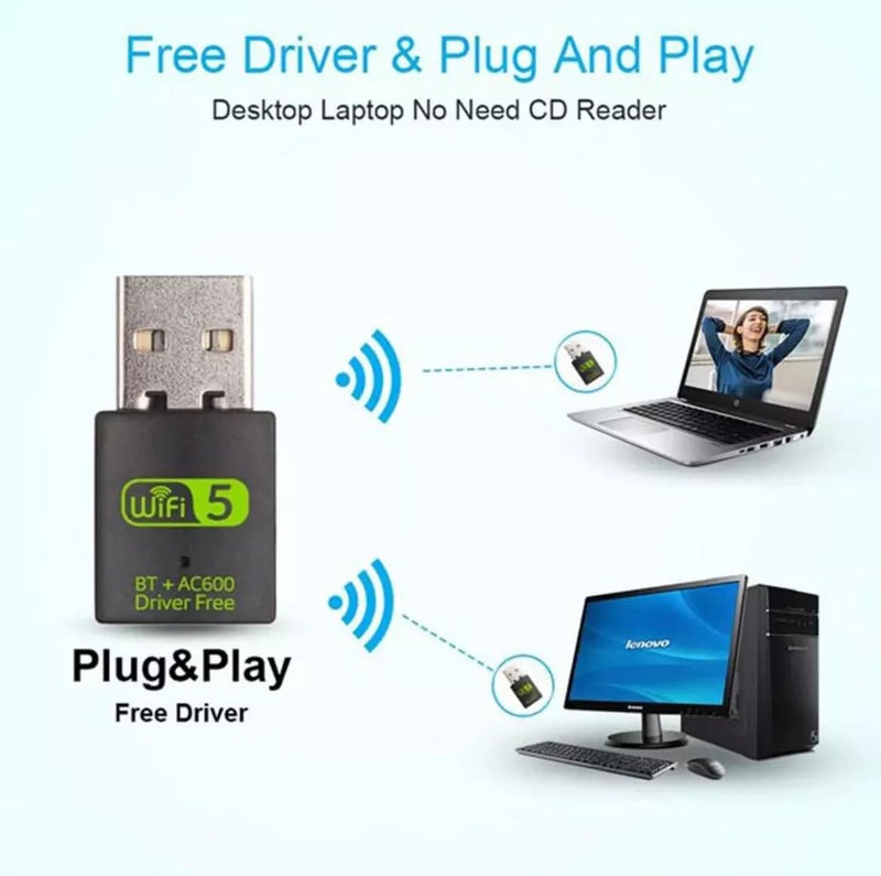 USB WiFi Bluetooth Adapter, 600Mbps Dual Band 2.4/5Ghz Wireless Network External Receiver, Mini WiFi Dongle for PC/Laptop/Desktop Computer Driver Free Green WI-FI