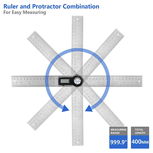 Preciva Protractor, Digital Angle Protractor with Locking Function, Measuring Range: 000.0~999.9°, Stainless Steel Ruler for Woodworking and DIY, 400 mm