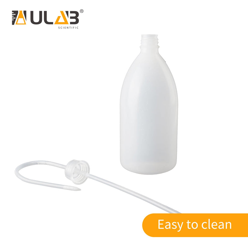 ULAB 6pcs of Vol.500ml (16oz) Wash Bottle, Narrow Mouth Squeeze Bottles, LDPE material, with Long Dispensing Tube, UWB1026 6pcs of 500ml with long tube