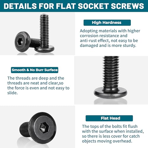 61Pcs M8 Flat Head Hex Socket Cap Screws Assortment Kit, M8x 10mm/12mm/20mm/25mm/30mm/35mm/40mm/50mm/60mm Socket Cap Bolts,304 Stainless Steel 18-8, Full Thread, Black Oxide with Hex Spanner