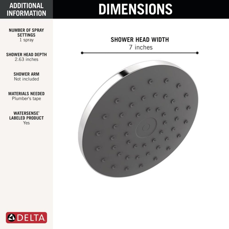 Delta PivotPro Chrome Rain Showerhead, Single Setting 7 Inch Round Shower Head, Showerheads, 1.75 GPM Flow Rate, Chrome 75103 Silicone Spray Face