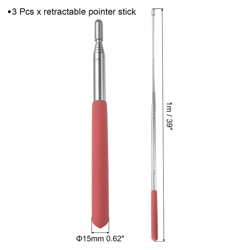 MECCANIXITY 3pcs Telescopic Teachers Pointer Teaching Pointer Stick 39 Inch Retractable Extendable Pointer for Classroom Whiteboard Office Presentation Pointers, Red
