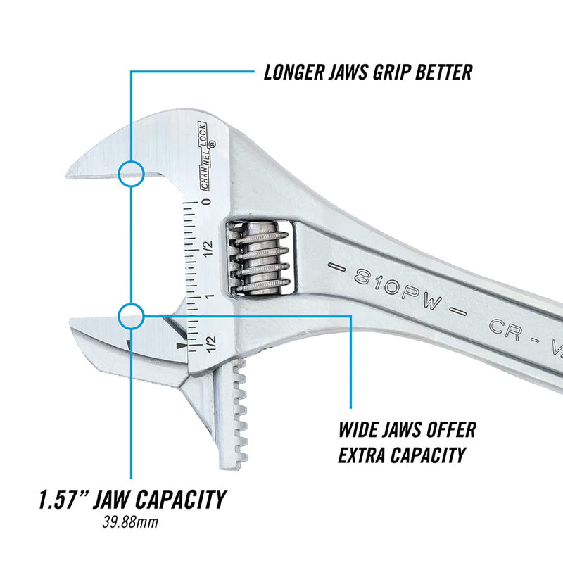 Channellock Adjustable Wrench 810PW - Reversible Jaw, Pipe Wrench Function - 10 In.