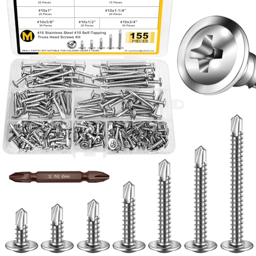 Mywish 200pcs #10×1" Self Tapping Screws for Metal & 155Pcs #10 Modified Sheet Metal Screws Assortment Kit, 1/2" to 2" Truss Head Screws, 410 Stainless Steel Self Tapping Screws for Metal Wood, Hex Wa
