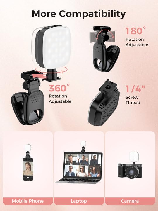 Smiling Shark Mini Cell Phone Light, Portable Video Light with Clip Rechargeable CRI 90+ 9 Lights Modes 360° Rotatable Cold Shoe Mount Camera Fill Light for Video Live Camera Laptop Phone