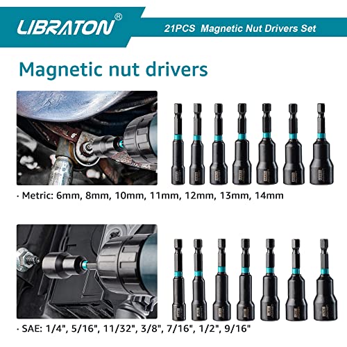 LIBRATON 21PCS Magnetic Nut Driver Set, Impact Drill Driver Bit Set 1/4"