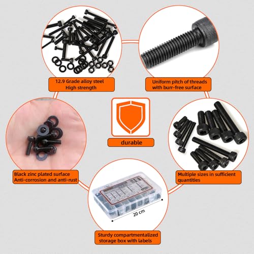 Metric Socket Head Cap Screws & Bolts Assortment Kit, M3 M4 M5 Machine Screws Nuts & Washers Set, 840PCS Grade12.9 Alloy Steel Kit