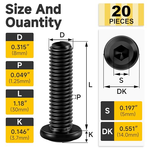 Mywish M8 x 30mm 20Pcs Flat Head Hex Socket Cap Screws Bolt & (20Sets) 5/16 Bolt, 5/16-18 x 1-1/2" Button Head Socket Cap Nuts and Bolts, 304 Stainless Steel Furniture Bolts Full Thread, Bolts and N