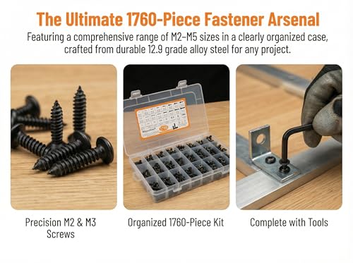 1760pcs M2-M5 Metric Screw Assortment, Grade Alloy Steel Hex Socket Head Cap Bolts and Nuts Kit, Black Zinc Plated and Anti Rust Screw Set with 4 pcs Hex Wrenches