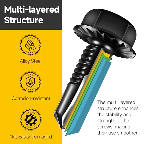 Mywish 100Pcs #10×2" Black Self Tapping Screws for Metal & 25Pcs #12 x 3/4" Serrated Flange Hex Washer Head Sheet Metal Screws, Self Tapping Screws, Tek & Thread Cutting Self-Drilling Screws for Metal